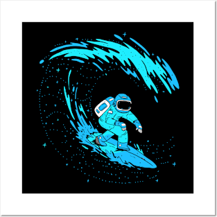 Blue Cartoon Galaxy Astronaut Surfer Surfing In Space Posters and Art